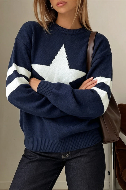 Star Motif Striped Sleeve Knit Sweater