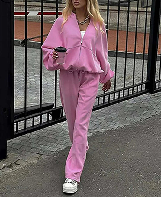 Pink Loose Zipper Drawstring Office Two Piece Set