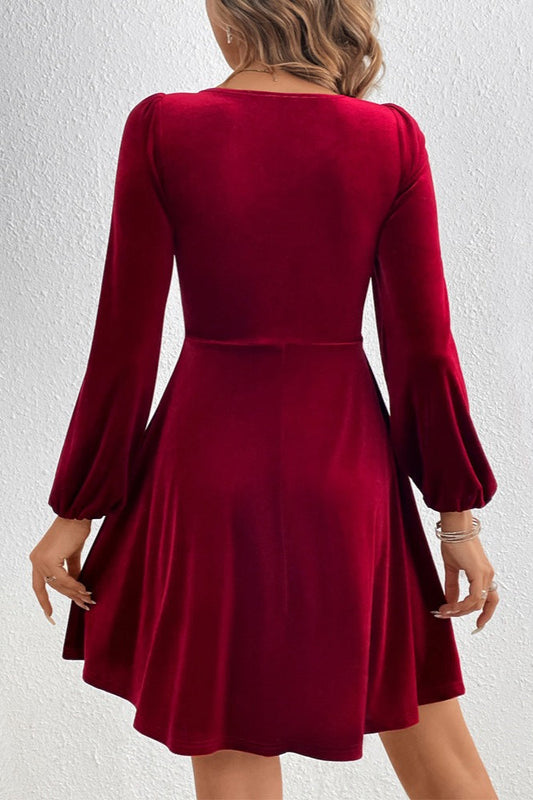 Sexy V Neck Long Sleeve Slim Waist A Line Party Velvet Dress