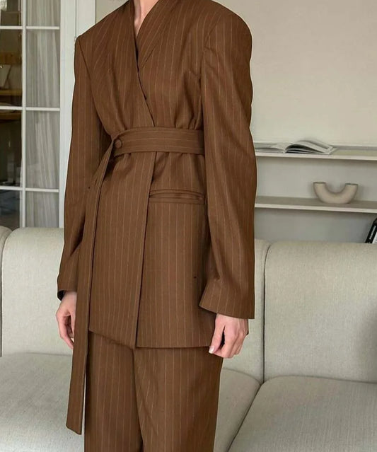 Brown Print V-Neck Lace-Up Pants Office Two Piece Set