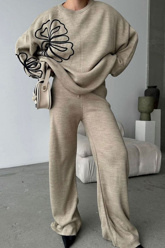 Ensemble deux pièces décontracté en tricot à col rond avec pantalon