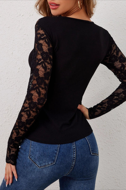Lace Yoke Sweetheart Neck Fitted Blouse