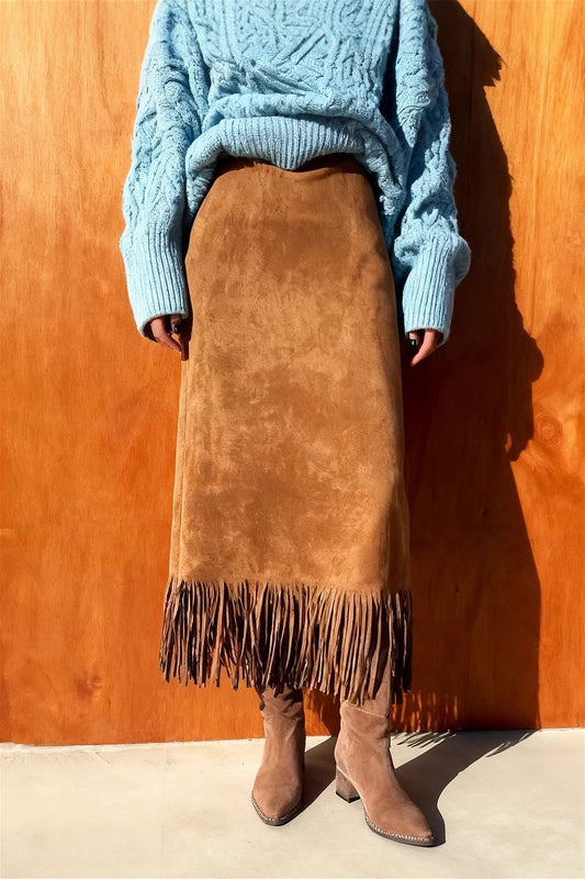 Faux Suede Fringe Maxi Skirt