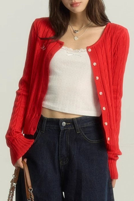 Maroon Cable Cropped Knit Cardigan