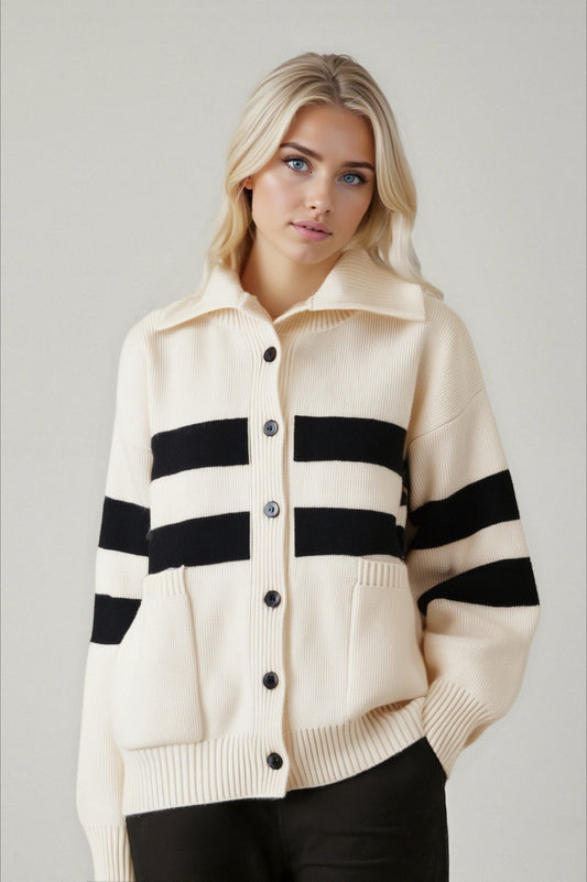 Color Block Stripe Turtleneck Loose Plus Size Knit Cardigan