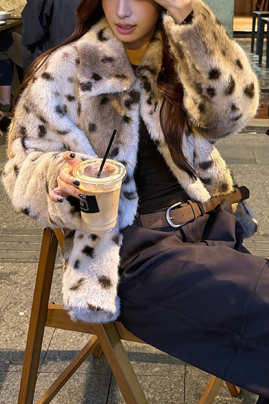 Spotted Zip Front Faux Fur Coat