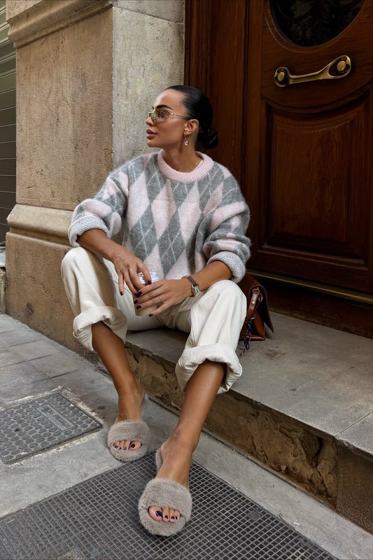 High End Argyle Knit Crewneck Lazy Street Sweater