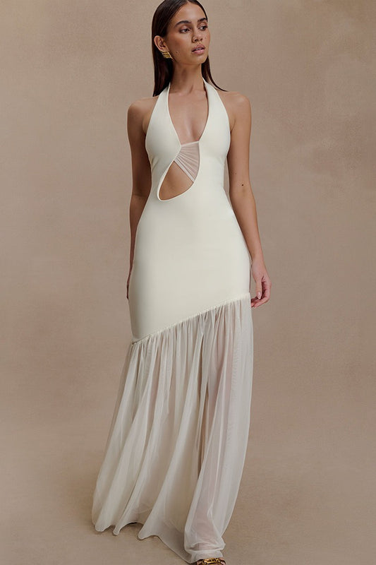 Asymmetrical Cutout Shirred Backless Fitted Maxi Dress