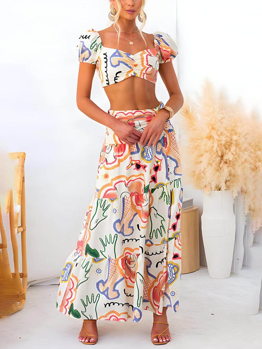 Summer Printed Top And Graceful Wrap Skirt Two-Piece Suit Two Piece Outfits