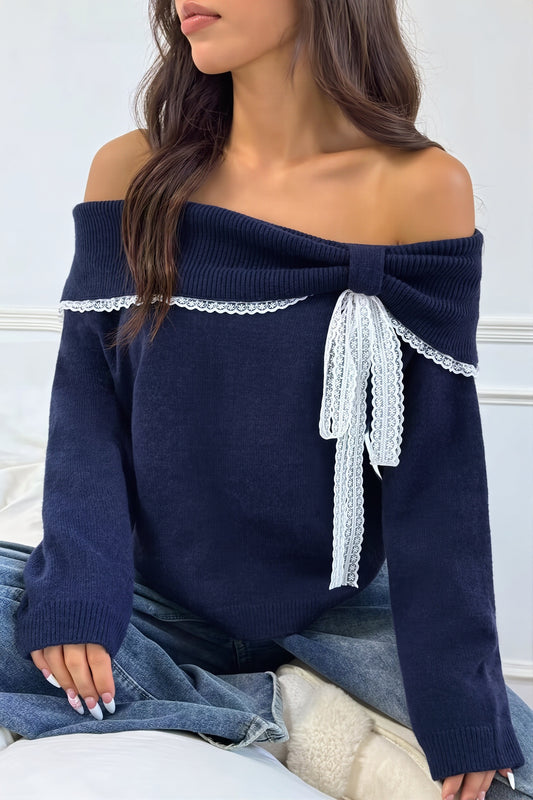 Contrast Lace Bow Off Shoulder Sweater