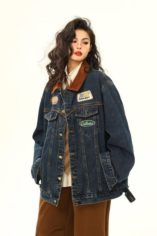 Vintage Embroidered Denim Loose Lapel Utility Jacket Blue / S