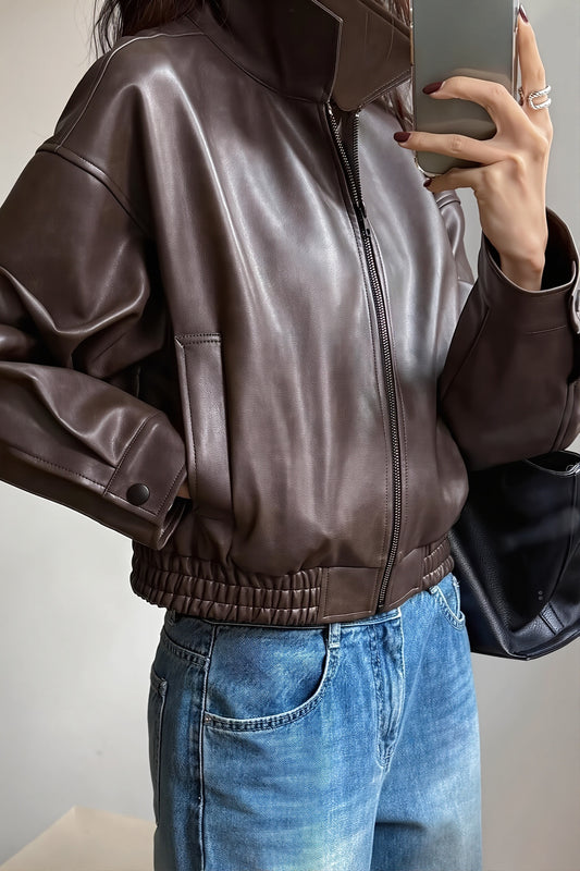 Relaxed Collared Zip Faux Leather Jacket