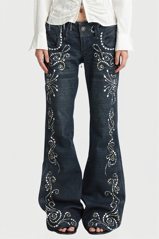 Ornate Scroll Print Washed Flare Jeans
