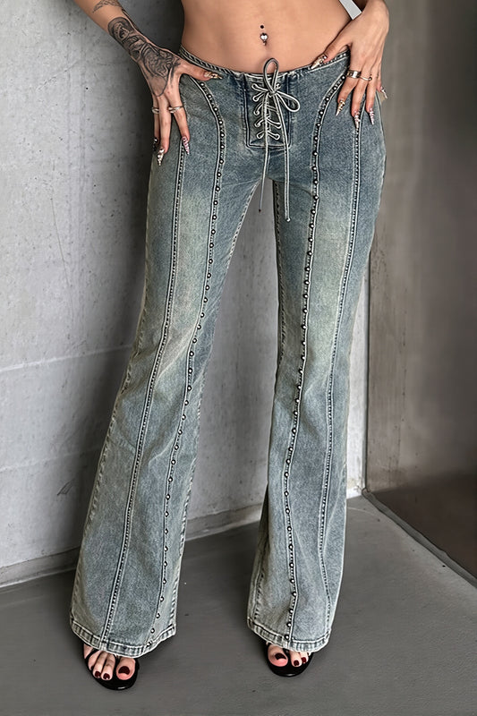 Lace Up Low Rise Flared Jeans
