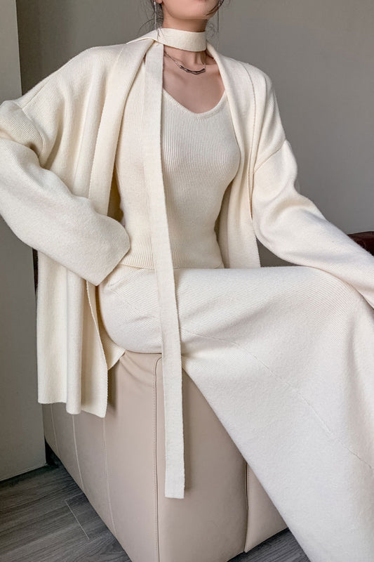 Ribbed High-End Knit Cardigan Tank Wide-Leg Pants Three Piece Set