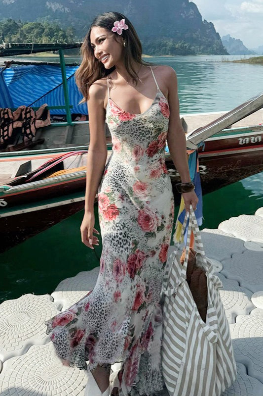 Robe longue dos nu à imprimé léopard et fleurs