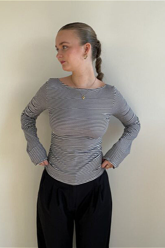 Basic Crew Neck Backless Striped Fitted Knit Blouse