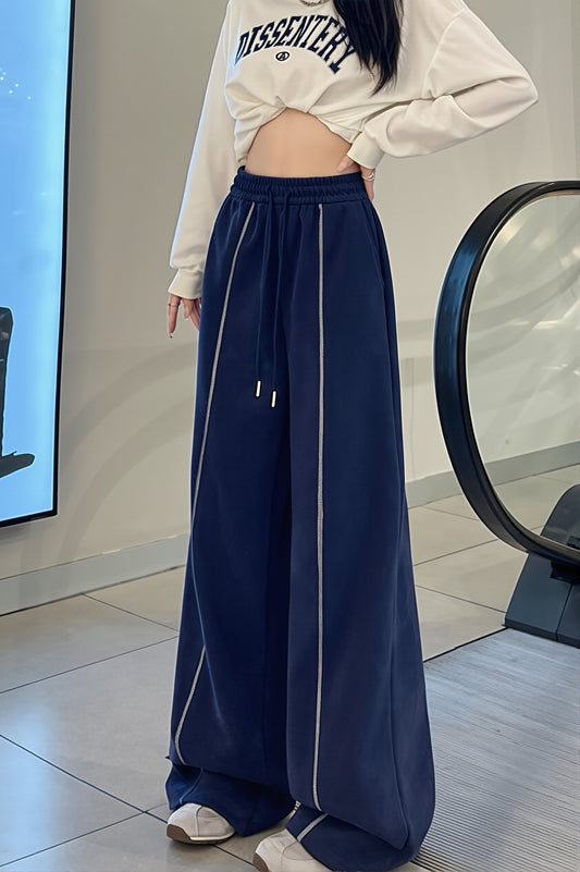 Embroidered Contrast Stripe Wide Leg Pants