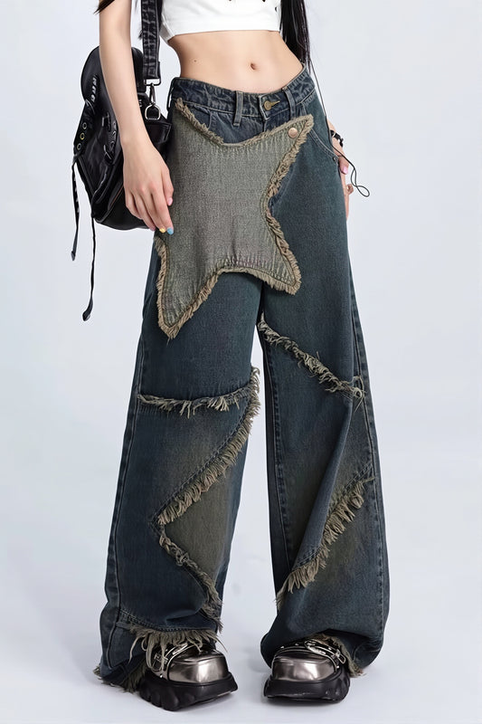 Oversized Star Patch Raw Edge Jeans