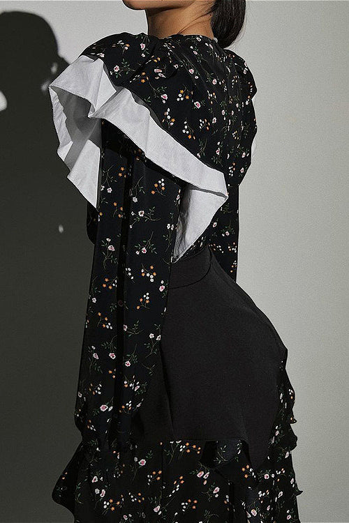 Removable Belt Long Sleeve Casual Floral Dress