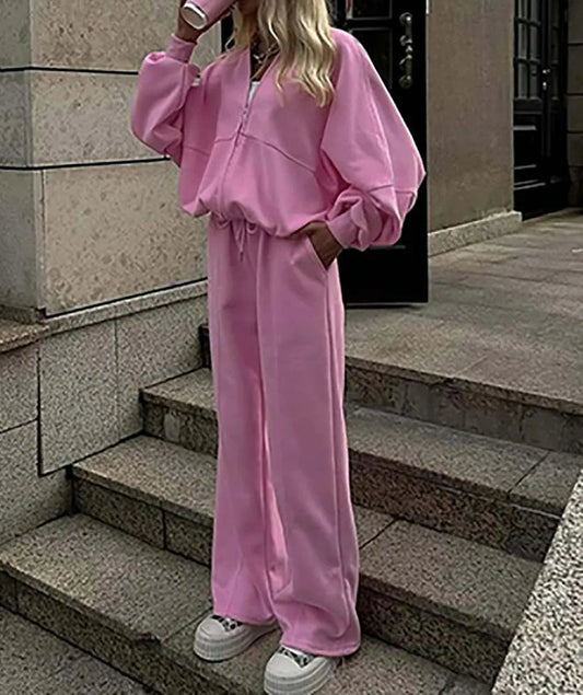 Pink Loose Zipper Drawstring Office Two Piece Set