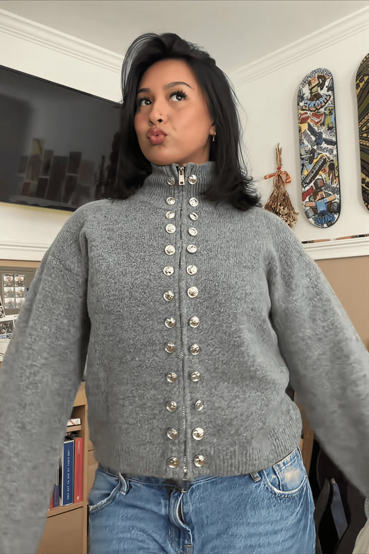 Grommet Button Funnel Neck Cardigan