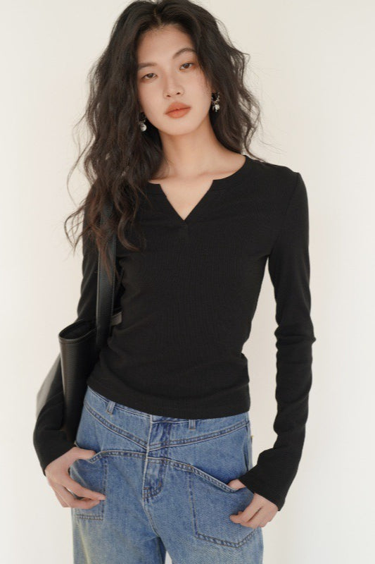 Heather Grey Fitted V-Neck Long-Sleeve Knit Top