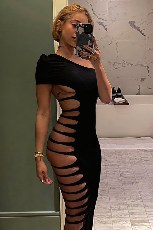 One Shoulder Sleeveless Side Cutout Bodycon Maxi Dress