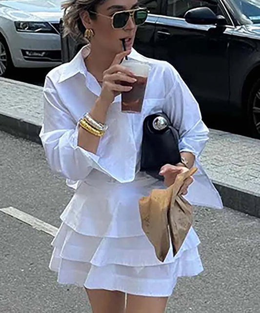 White Pockets Cascading Ruffle Office Two Piece Set