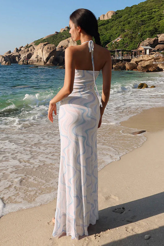 Tie-Back Rose Appliqué Mesh Bustier Maxi Dress