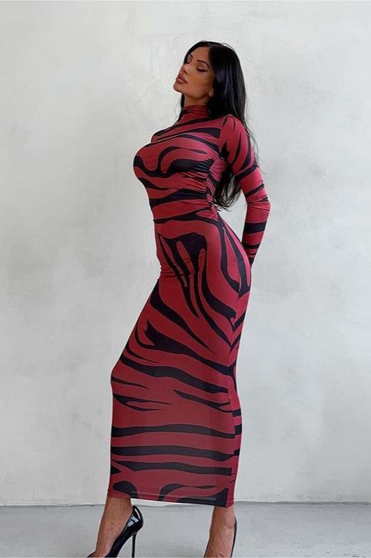 Animal Print Mock Neck Bodycon Maxi Dress