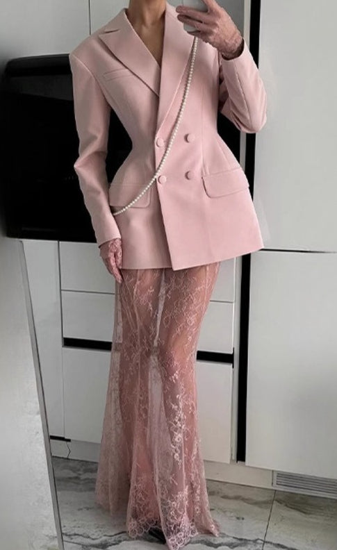 Chic Blazer Lace Skirt Two Piece Set