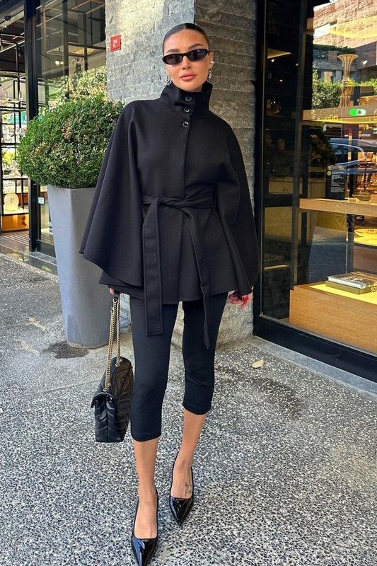 Elegant Stand Collar Belted High-Quality Coat