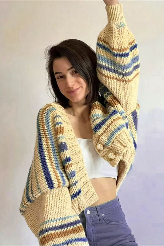 Relaxed V Neck Color Block Knit Cardigan