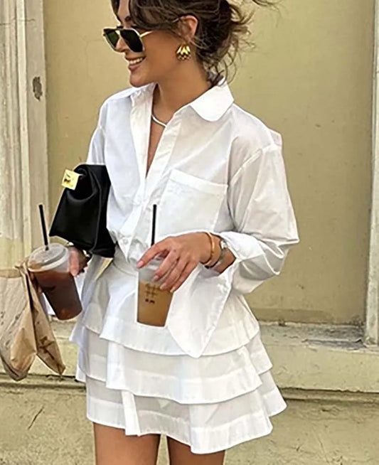 White Pockets Cascading Ruffle Office Two Piece Set