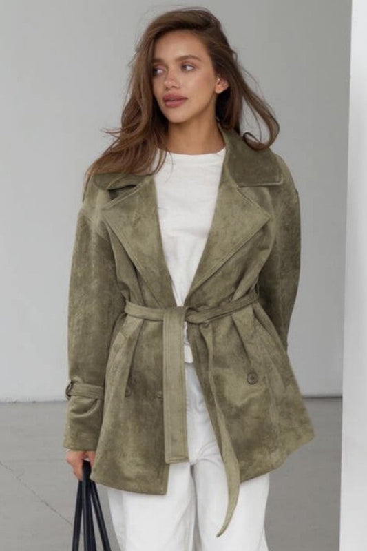 Faux Suede Belted Trench Coat