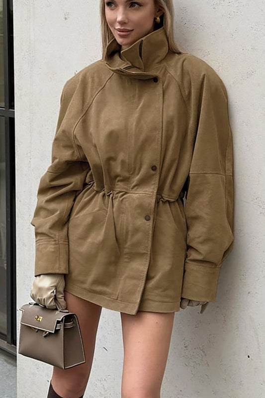 High Neck Cinched Waist Suede Jacket