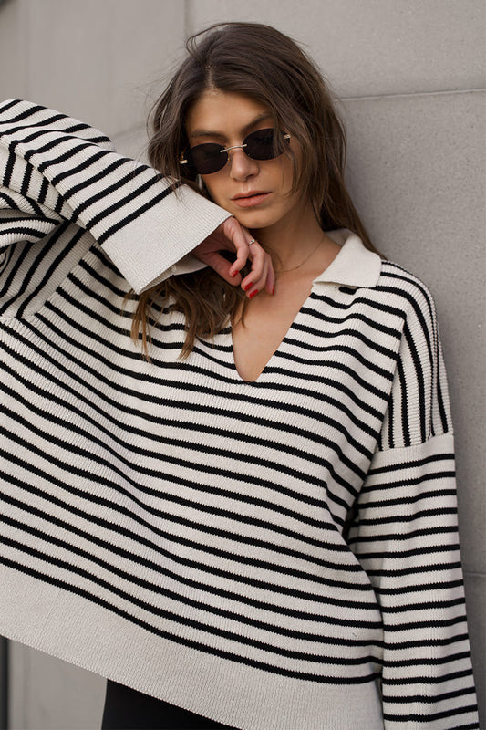 Striped Polo Neck Loose Fit Knit Sweater