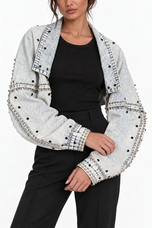 Rhinestone Studded Cropped Denim Jacket