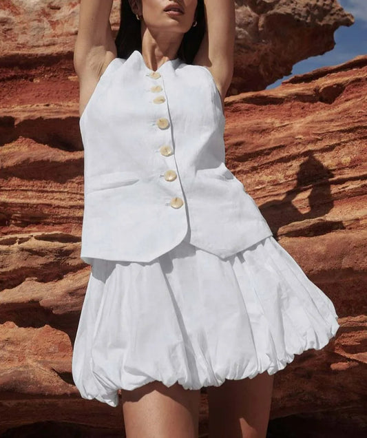 White Cotton Sleeveless Pleated Office Two Piece Set