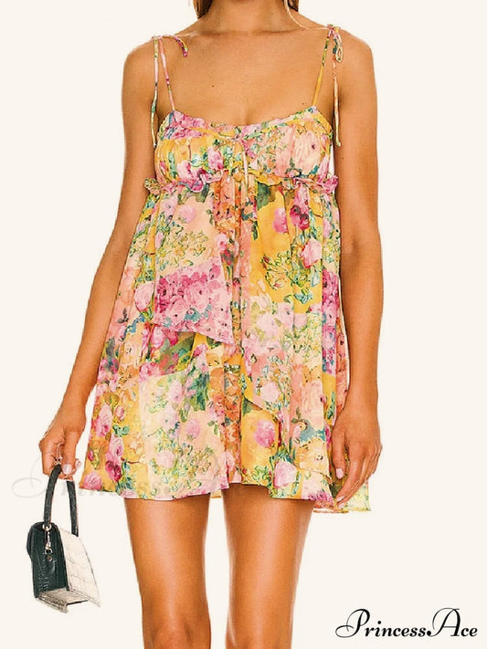 Bedrucktes Mini-Slip-Kleid mit Trägern und Bindeband