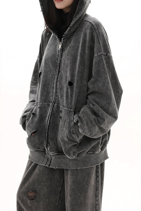 Solid Washed Distressed Hoodie