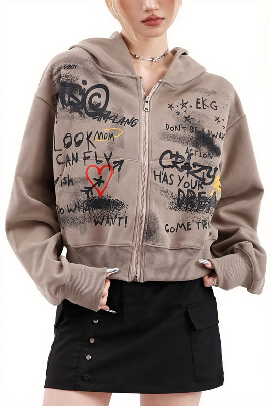 Collage Graffiti Print Zip Hoodie