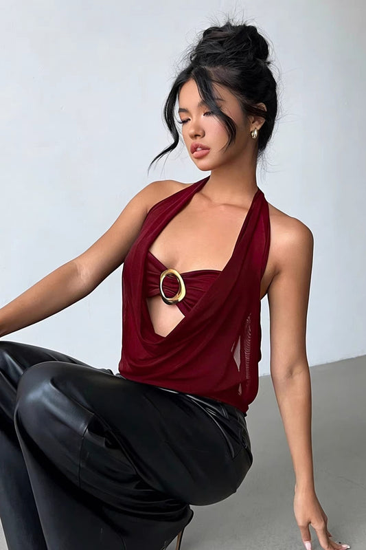 Sheer Mesh Ring Detail Cowl Halter Top