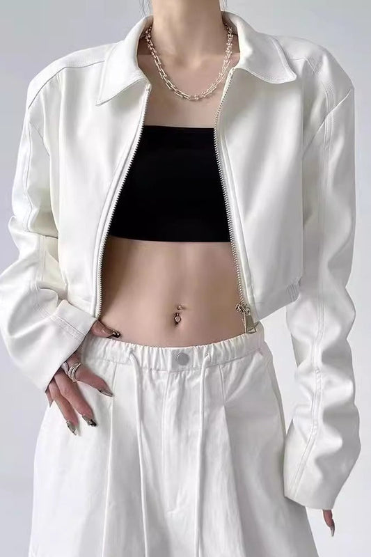 Turn Down Collar Biker Short Jacket White / S