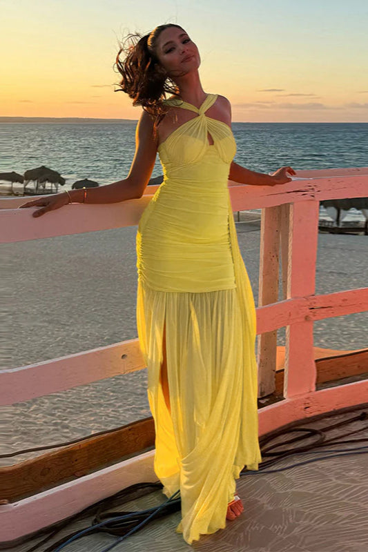 Figurbetontes Maxikleid mit Netzstoff und Riemchen zum Binden