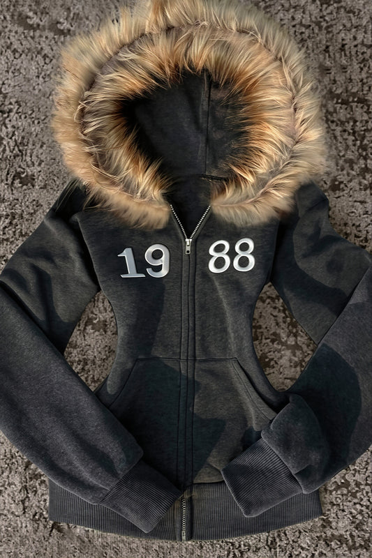 Number Graphic Faux Fur Trim Zip Hoodie