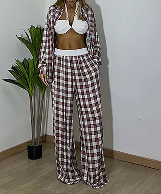 Red Print Button Shirt Trousers Office Two Piece Set