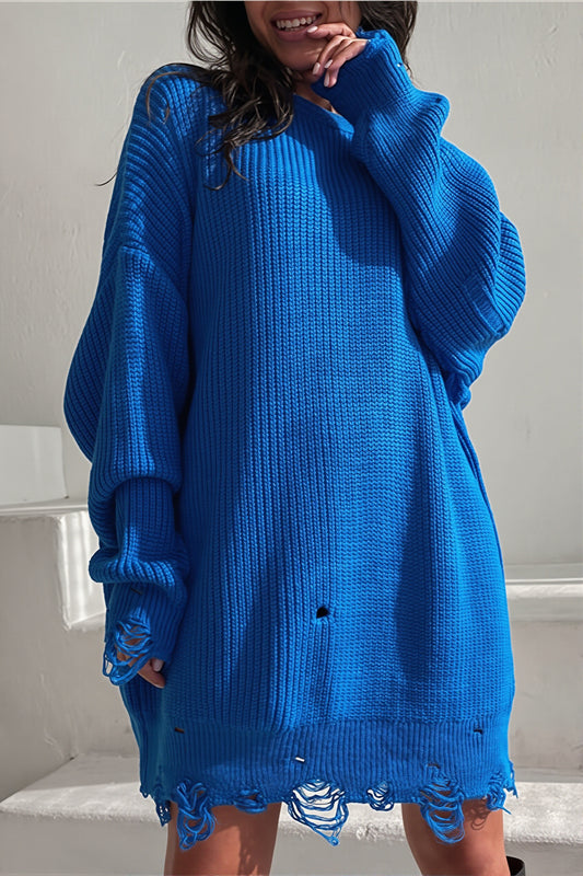 Distressed Crew Neck Tunic Sweater