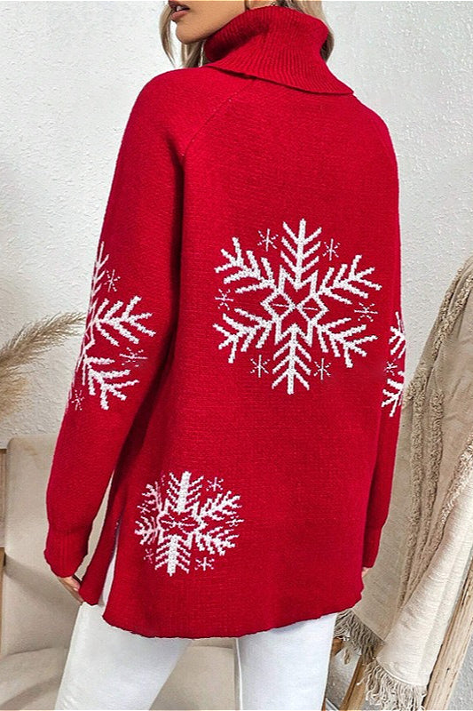 Solid Color Turtleneck Snowflake Print Sweater